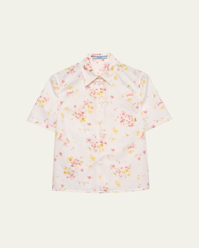Bouquet Poplin Short-Sleeve Button-Down Blouse